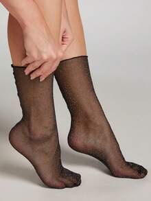 1 Pair Glitter Sheer Mesh Ankle Socks, Ruffle Cuff Semi-See-Through Sequin Mid-Calf Socks, Suitable For Party, Nightclub, Y2K Nightlife Outfit - Black - View 1