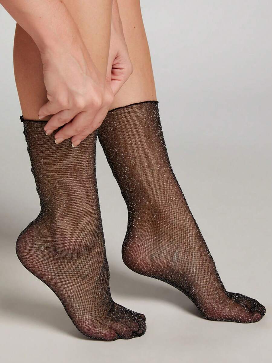 1 Pair Glitter Sheer Mesh Ankle Socks, Ruffle Cuff Semi-See-Through Sequin Mid-Calf Socks, Suitable For Party, Nightclub, Y2K Nightlife Outfit - Black - View 1