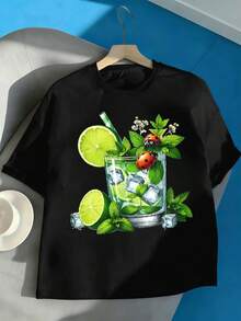 Camiseta con estampado de mariquita verde menta y lima. Tejido de calidad, corte holgado, estilo casual, cómoda, dise?o gráfico. - Negro - Ver 2