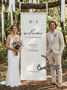 Pancarta de Boda Personalizada - Nombres de Novia & Novio/Fecha/Texto Personalizados - Elegante Pancarta de Tela Estilo Alemán de Bienvenida Adecuada para Interiores & Exteriores, Pancarta de Despedida de Soltera, Decoración de Fondo para Fiesta de Despedida de Soltera, Decoración Minimalista de Entrada de Boda - Multicolor - Ver 2