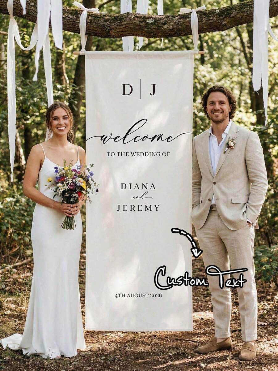 Pancarta de Boda Personalizada - Nombres de Novia & Novio/Fecha/Texto Personalizados - Elegante Pancarta de Tela Estilo Alemán de Bienvenida Adecuada para Interiores & Exteriores, Pancarta de Despedida de Soltera, Decoración de Fondo para Fiesta de Despedida de Soltera, Decoración Minimalista de Entrada de Boda