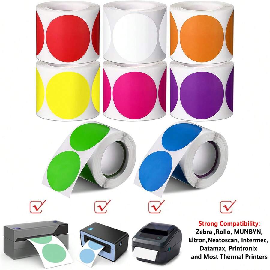 2 Inch Color Circle Thermal Sticker Label, Self-Adhesive Round Direct Thermal Label For Logo Design, QR Code, White Pink Green Yellow, 600Sheets/Roll
