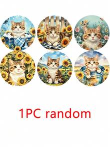 1/6pcs Cute Farm Cat Print Wooden Coasters, Rustic Sunflower Kitten Drink Coaster Set, Coffee Table Heat-Insulating Coasters, Home Decor, Kitchen Bar, Party Tabletop Protection, Non-Slip Beverage Coasters, Cat Lover Housewarming Gift - Multicolor - View 11