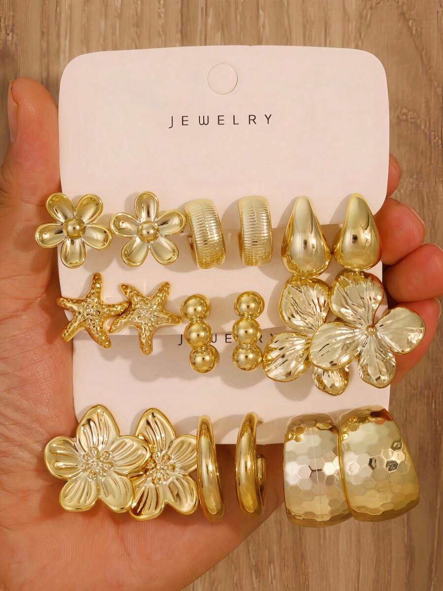 6-18 Stücke Gold Mode Damen Ohrringe Set, stilvoll und elegant, geeignet für den täglichen Gebrauch, Versammlungen und Partys - Gold - Übersicht 1