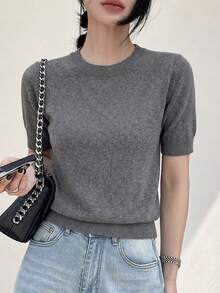 Women's Autumn Korean Casual Grey Round Neck Fitted Short Sleeve Knit Top, Suitable For Casual Holiday Outings, Festivals, Shopping - Grey - View 1