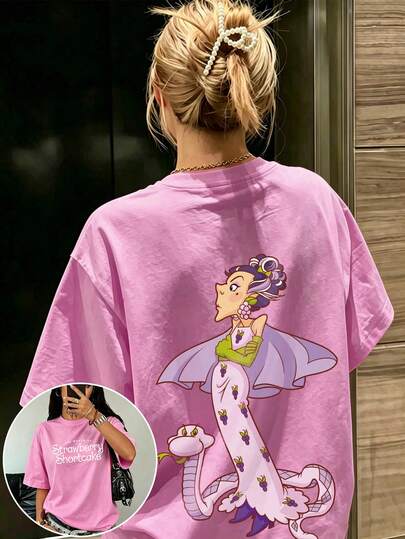 SHEIN X Strawberry Shortcake Damen-T-Shirt mit Rundhalsausschnitt, kurzen Ärmeln und lockerer Passform, einfarbig, aus 100 % Baumwolle, mit Cartoon-Retro-Print mit Hexe, Koch und Buchstaben-Slogan, lässige Damenmode für Frühling/Sommer, Verano Mujer, figurbetont, ideal für Urlaub, Freizeit, Büro/Zuhause/Outdoor-Sport, Retro-Stil, schlichtes, verspieltes Design, ganzjährig, für Teenager, Unisex, Paare