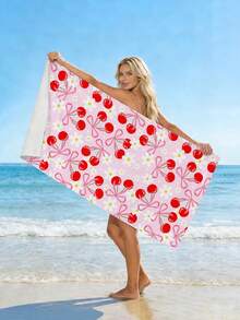 1pc Cherry & Bow Beach Towel, Fashionable Bow Cherry Print Large Beach Towel, Ultra-Fine Fiber Absorbent Beach Bath Towel, Suitable For Travel, Swimming Pool, Diving, Surfing, Yoga, Camping, Beach Party And Party Decoration, Summer Beach Travel Essential, Multi-Functional Beach Towel For Bathroom Decoration During Vacation - Red Cherry - View 4