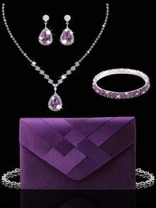 Fashion Satin Trim Evening Clutch Envelope Shoulder Bag, Elegant Bridal Wedding Gift Shoulder Bag, Ball Bag, Comes With Sparkling 3 PiecesRhinestone Jewelry Set, Including Sparkling Rhinestone Pendant Necklace, Earrings And Bracelet, Suitable For Parties, Balls, Evening Events And Gatherings - Purple - View 1
