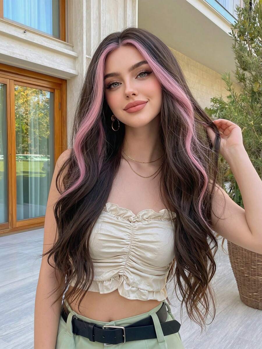 26 Inch Black Wavy Synthetic Woven Wig With Pink Highlights - Long Hair Style, No Bangs; Made Of Heat-Resistant Material, Perfect For Y2K Theme "Sweet & Cool" Parties, Campus Looks, Travel, Birthday Celebrations, Music Festivals And More - Multicolor - View 1