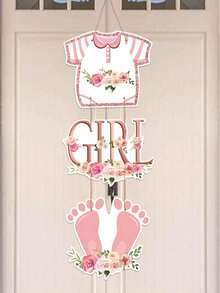 1 Set Pink Baby Shower Paper Door Hanging Decoration, Cute Pink Footprint And Floral Print Hanging Banner, Gender Reveal, Baby Shower, 1st Birthday Door Background Decoration, Creative Party Gift, Baby Girl Reveal And Birthday Wall Door Hanging Decoration - Multicolor - View 4