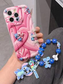 Disney Has Authorized, Phone Case - Chain Set, The Stitch Lilo & Stitch 3D Phone Case Plus A Silicone 3D Stitch Bracelet With Metallic Ring Removable Bracelet, Stitch And Angel Pattern, Compatible With Iphone17/16/15/14/13/12/23/XS/XR/X Plus Pro Max, A Stylish Cartoon Phone Case, The Perfect Gift Choice, Phone Protection, Durable Phone Cover, Great Gift For Friends And Family. - White - View 4