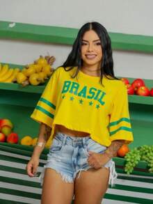 Cropped T-Shirt Brazil Top Blouse  Women's National Team Women's Look Brazilian Fans - 黃色的 - 查看 3