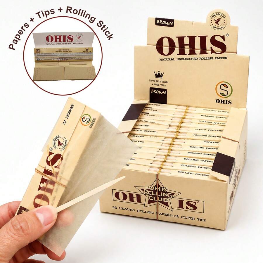 OHIS 新款手工捲紙附濾桿與捲紙頭，24本共768張，每本32張紙+32個捲紙頭，44*108mm 未漂白木漿，平滑慢燃，可媲美 RAW 與 OCB，便攜式，送男友的理想節日禮物 - 棕色 - 查看 1