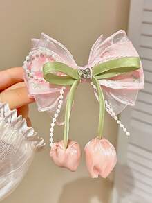 1/2/4pcs Floral Tulip Pearl Mesh Big Bow Hair Clips, Cute Princess Fresh Versatile Hair Accessories, Beige Pink - Multicolor - View 19