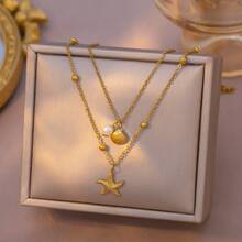 1PC Gold Shell & Starfish Pendant Layered Necklace, Anti-Oxidation Color-Preserving Versatile Neck Chain, Suitable For Summer Pool Vacation, Beach Party, Commute Outfit, Light Date Look, Valentine's Day / Mother's Day / Anniversary Gift, Women's Light Luxury Style Neck Accessory - Gold - View 2