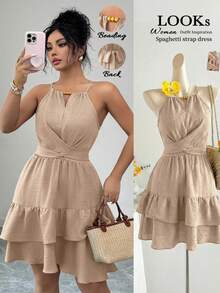Vestido elegante con escote halter, hombros con lazada y volantes en el bajo para tallas grandes - Albaricoque - Ver 1