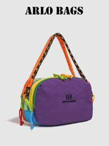 Energetic Colorblock Shoulder Bag, Multi-Color Contrast Design With Colorful Rope Buckle, Wide Woven Strap To Reduce Burden, Suitable For City Strolling, Store Visiting, Sports Outings, Bright Contrast Colors Create Eye-Catching Look, Soft Body Lightweight And Burden-Free, Following Outdoor Vibrant Outfit - Purple - View 1