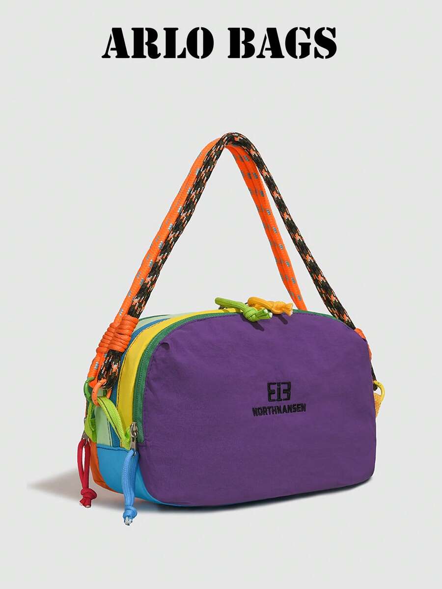 Energetic Colorblock Shoulder Bag, Multi-Color Contrast Design With Colorful Rope Buckle, Wide Woven Strap To Reduce Burden, Suitable For City Strolling, Store Visiting, Sports Outings, Bright Contrast Colors Create Eye-Catching Look, Soft Body Lightweight And Burden-Free, Following Outdoor Vibrant Outfit - Purple - View 1