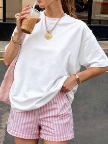 Women's Round Neck Short Sleeve T-Shirt Summer New Fashion Solid Color Casual Versatile Loose Top - White - View 2