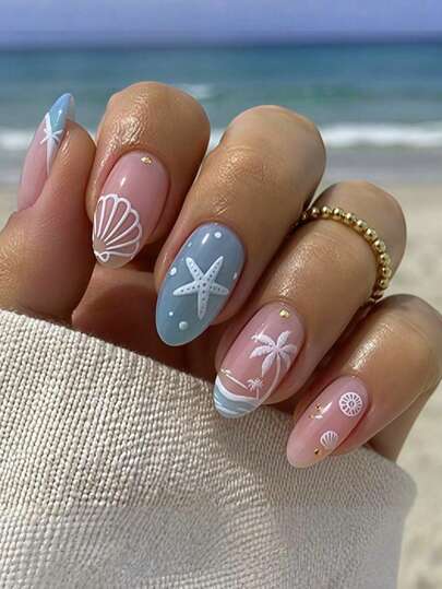 24pcs Short Oval French Blue Edge Press-On Nails With 3D Wave & Palm Tree Rhinestone Acrylic Nail Tips, Includes Jelly Glue And Nail File, Suitable For Women's Party, Dance, Casual Wear, Removable And Reusable Nail Decoration