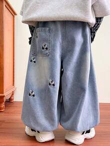 Girls' Denim Jeans, Young Girls' Embroidered Loose Straight-Leg Jeans, Exquisite Embroidery Craftsmanship, Elastic Waist Design, Loose Fit For Comfortable Wear, Suitable For Music Season, Wedding Season, All-Season Long Pants, Versatile For Multiple Occasions - Medium Wash - View 3