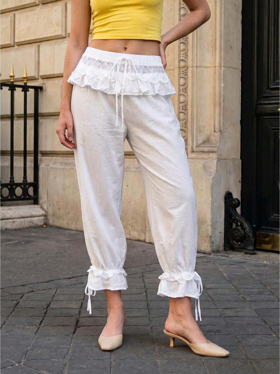 Women Lantern Pants Ruffle Trim Loose Elastic Waist Ankle Length Bloomers For Daily Office Party Club - White - View 1