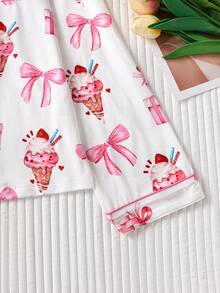 2 pièces Ensemble de pyjama pour femmes avec imprimé intégral de nœud de glace, tissu satin premium, lisse et confortable, top à manches longues boutonné ample et léger et pantalon, style fille douce, ensemble de vêtements de nuit quotidien pour femmes - Rose bonbon - Voir 5