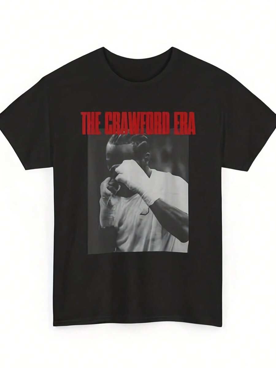 T Hemd Schwarz Baumwolle Normale Passform The Crawford Era Boxer Musterdruck Roter Text Sportlicher Streetstyle 2024Neujahrtrend Freizeitkleidung Sommer und Herbst Boxer Fan-Geschenk