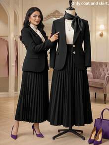 Plus Size Elegant Black Skirt Suit Set, With Lapel Blazer And Pleated Skirt For Women - Black - View 7