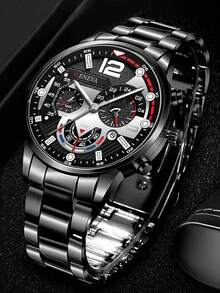 1/5pcs Set Men's Fashion Alloy Calendar Watch With Pen + Keychain + Multi-Layer Embossed Wallet And Lion Head Beaded Bracelet - No Box - Black - View 12