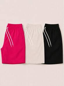 Kit 3 Premium Linen Shorts Bermuda Mauricinho Men's Casual Basic Comfortable Drawstring Waist - 西瓜粉 - 查看 1