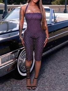 Women's Sleeveless Camisole Style Polka Dot Knit Sleeveless Romper Summer - Purple - View 2