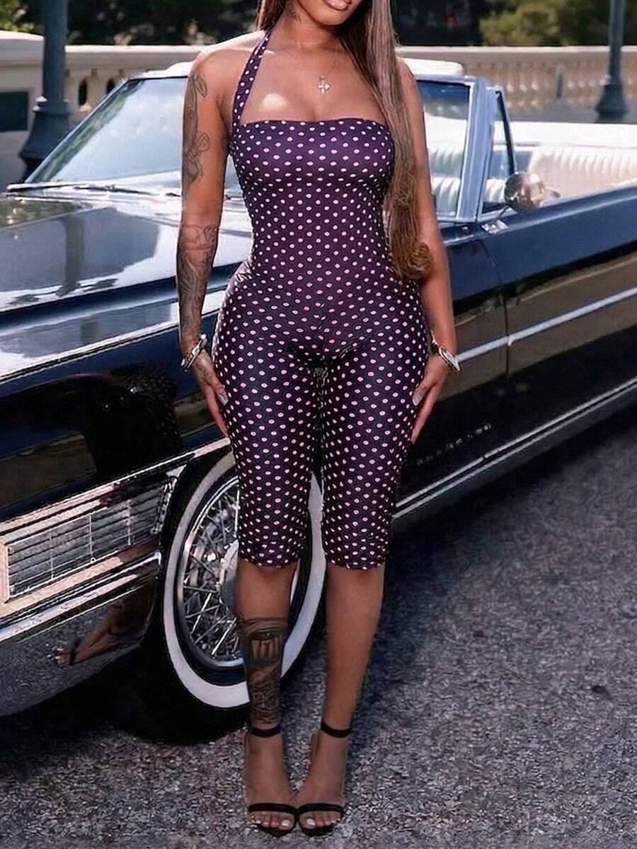 Women's Sleeveless Camisole Style Polka Dot Knit Sleeveless Romper Summer
