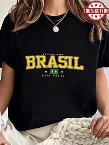 Women's Short-Sleeved T-Shirt, 1 Piece, 100% Cotton, Crew Neck, With A Graphic Print Of Brazil, South America, Perfect As A Birthday Or Holiday Gift. Casual Wear. - 黑色 - 查看 1