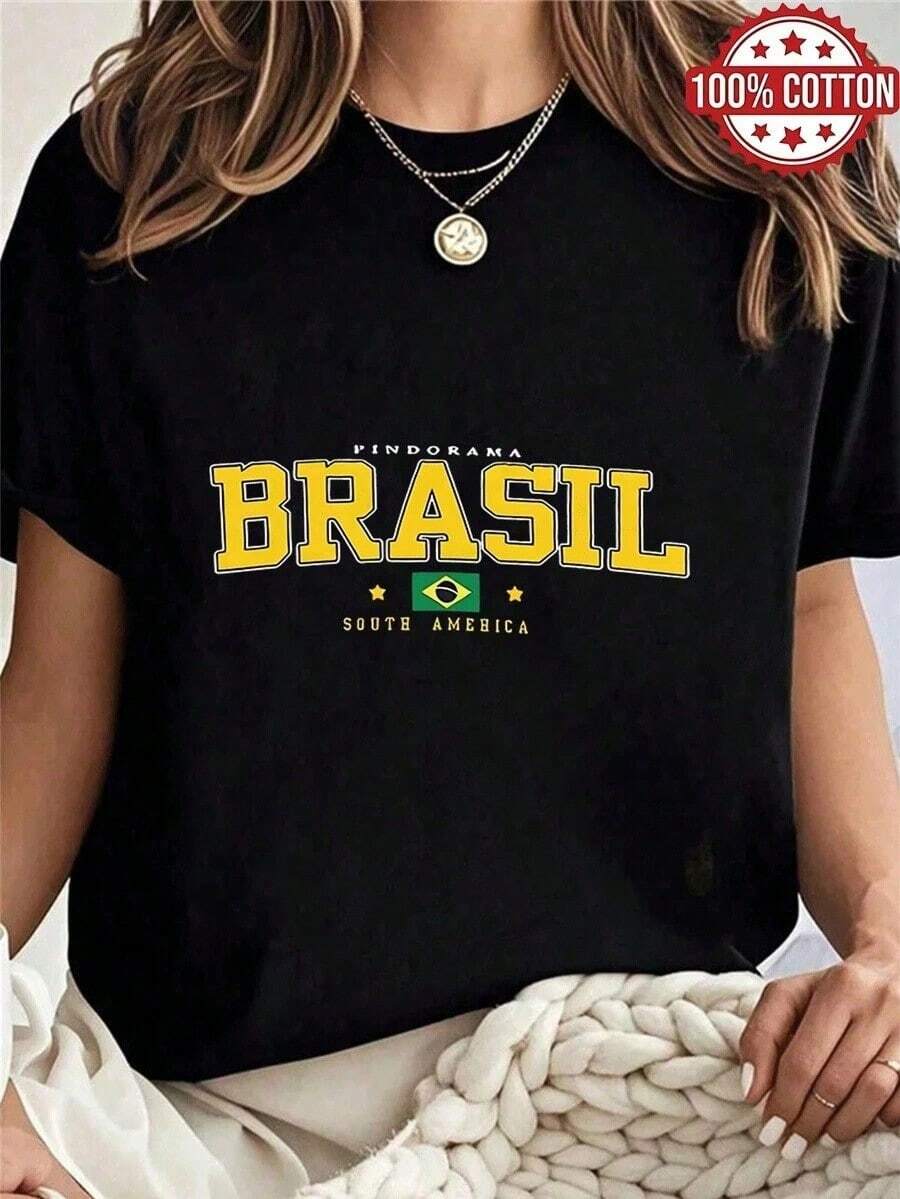 Women's Short-Sleeved T-Shirt, 1 Piece, 100% Cotton, Crew Neck, With A Graphic Print Of Brazil, South America, Perfect As A Birthday Or Holiday Gift. Casual Wear. - 黑色 - 查看 1