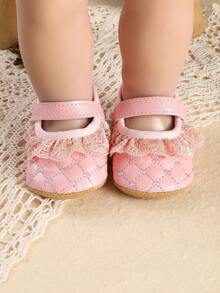 1 Pair Infant Girl Solid Color Lace Trim Flat Fashion Versatile Cute Princess Shoes, Suitable For Spring And Autumn - Pink - View 6