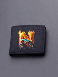 1pc Back To School Mini Cute Cartoon Personalized Fun 26 Excavator Construction Vehicle Flame Letter Print Bifold Wallet, Multiple Card Slots Inside, Can Hold Bank Cards, ID Cards, Cash, Meets Daily Travel Storage Needs. Suitable As Fan Gift, Birthday Small Gift. - Black - View 25