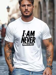 Camiseta de hombre, sencilla y elegante, relajada e informal, con el estampado "I AM NEVER WRONG ACTUALLY", camiseta de verano de cuello redondo. - Blanco - Ver 1