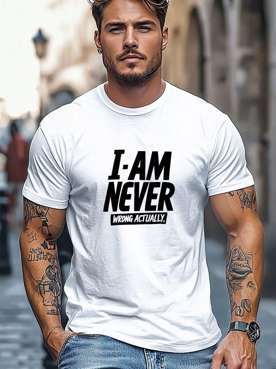 Camiseta de hombre, sencilla y elegante, relajada e informal, con el estampado "I AM NEVER WRONG ACTUALLY", camiseta de verano de cuello redondo. - Blanco - Ver 1