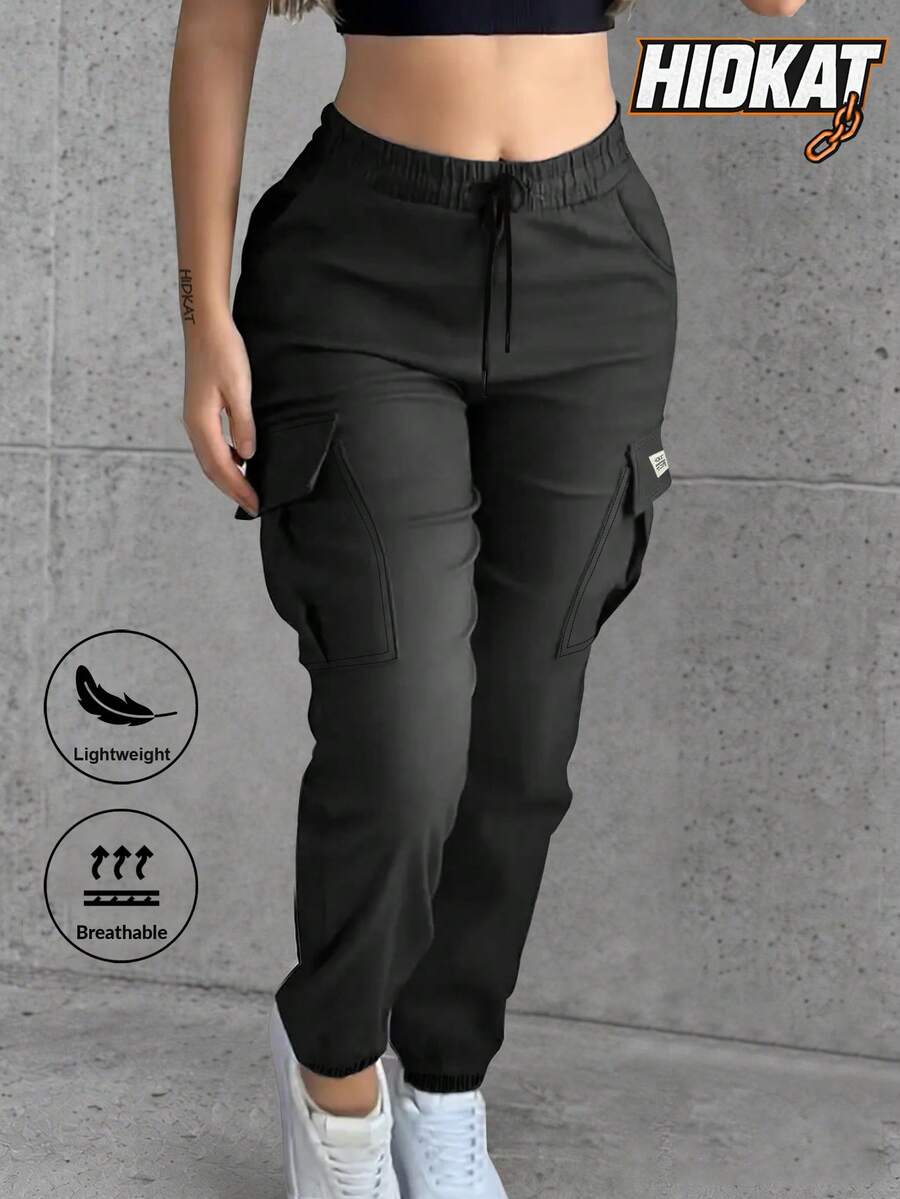 Women'S Drawstring Waist Cargo Pants, Pockets Design, Suitable For Casual, Outdoor, Running, Spring & Autumn Tights Black Sports