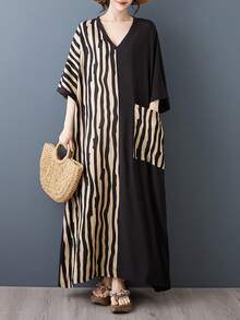 AZAH Vestido suelto de línea A a rayas para mujer talla grande con bolsillos, mangas cortas de murciélago, vestido bohemio casual de vacaciones de playa elegante negro verano 2026 - Negro - Ver 2