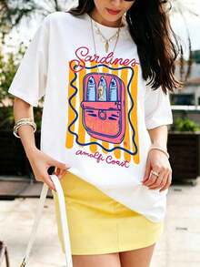 Camiseta unisex de manga corta holgada estilo Y2K 100% algodón, con cuello redondo y estampado de sardinas de Amalfi, ideal para las salidas. - Blanco - Ver 1