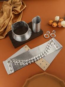 1 Set Exaggerated European American African French Korean Bohemian South Asian Style Vacation Party Evening Banquet Wedding Fashion Vintage Belt Bracelet Earrings Necklace - Silver - View 7