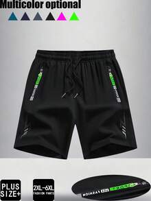 Plus Size Men's Shorts, Summer Elastic Straight Leg Bermuda Shorts, Lightning Pattern, Drawstring Waist, Lightweight, Sports Running Fitness - Black - View 5