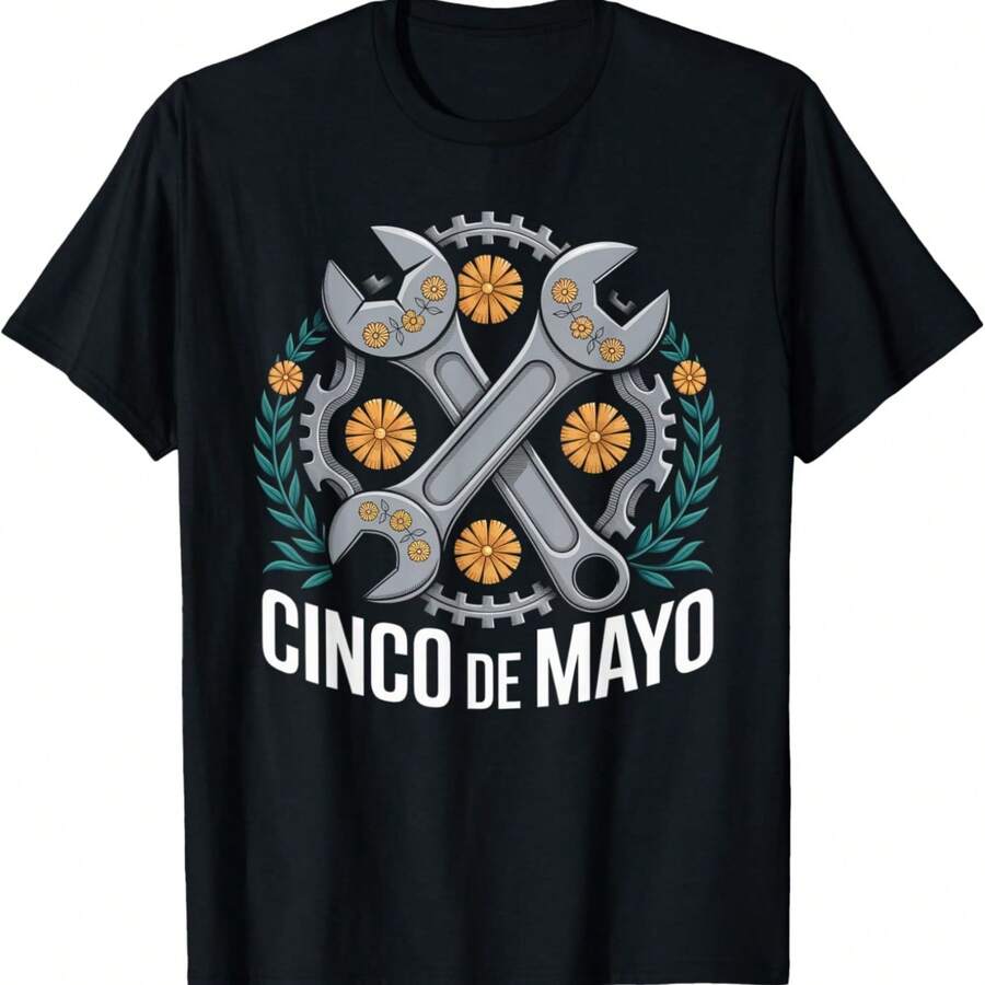 Cinco De Mayo Funny Mechanic Sugar Skull Flower Mexican T-Shirt - Black - View 1
