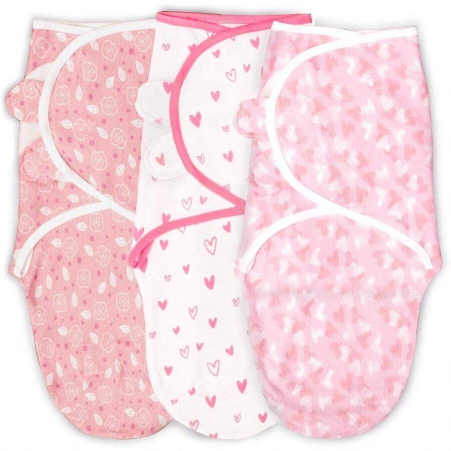 Manta de algodn orgnico, saco de dormir para beb y nia, ajustable, para bebs recin nacidos, pequeos de 0 a 3 meses. Corazones y flores paquete de 3 - Corazones y flores, paquete de 3 - Ver 1