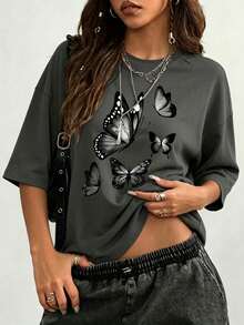 Women's Summer T-Shirt With Black And White Butterfly Print, Loose Fit, Round Neck, Short Sleeves, Casual Top For Everyday Wear - 深灰色 - 查看 1
