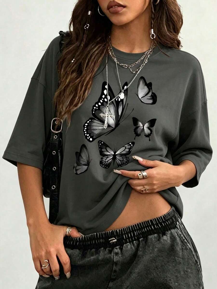 Women's Summer T-Shirt With Black And White Butterfly Print, Loose Fit, Round Neck, Short Sleeves, Casual Top For Everyday Wear - 深灰色 - 查看 1
