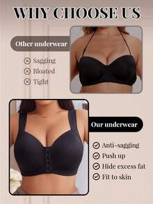 Plus Size Solid Color Front Closure Supportive Bra With Comfortable Wide Straps, Seamless Everyday Underwear - Black - View 4