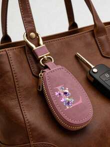 Unisex Multi-Function Key Pouch In Taro Purple With A-Z Letter Print, Zippered Key Organizer With Floral Pattern, PU Leather Material, Can Be Used As Car Key Holder, Car Key Chain Or Portable Small Key Bag, Minimalist Design Makes It A Travel Accessory And Elegant Ornament, Suitable For Home, Office, Travel And Car Environments, Perfect Gift For Friends, Family, Couples, Anniversary, Birthday, Wedding And - Multicolor - View 4